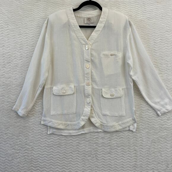 Vintage Sweaters - Vintage MZM Sport Shacket Womens Medium White Cardigan Linen Sheer V Neck Button